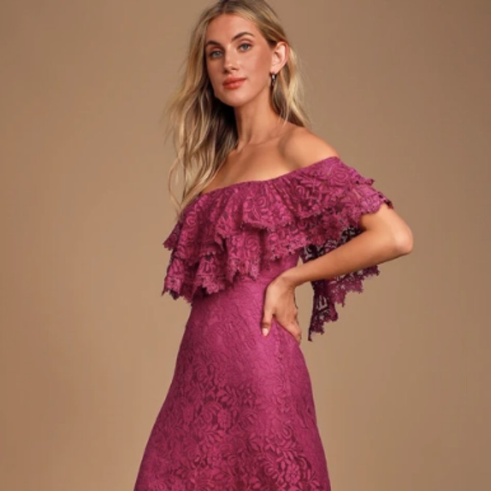 Jaclyn Magenta Lace Off-the-Shoulder Midi Dress
